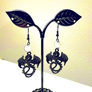 Handcrafted Winged Black Dragon Earrings with Pearl Beads